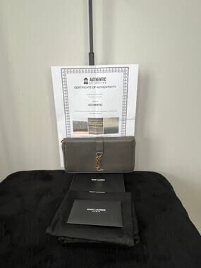 Saint Laurent YSL 358094 Pebble Gray Leather Zip Around Wallet Full Set